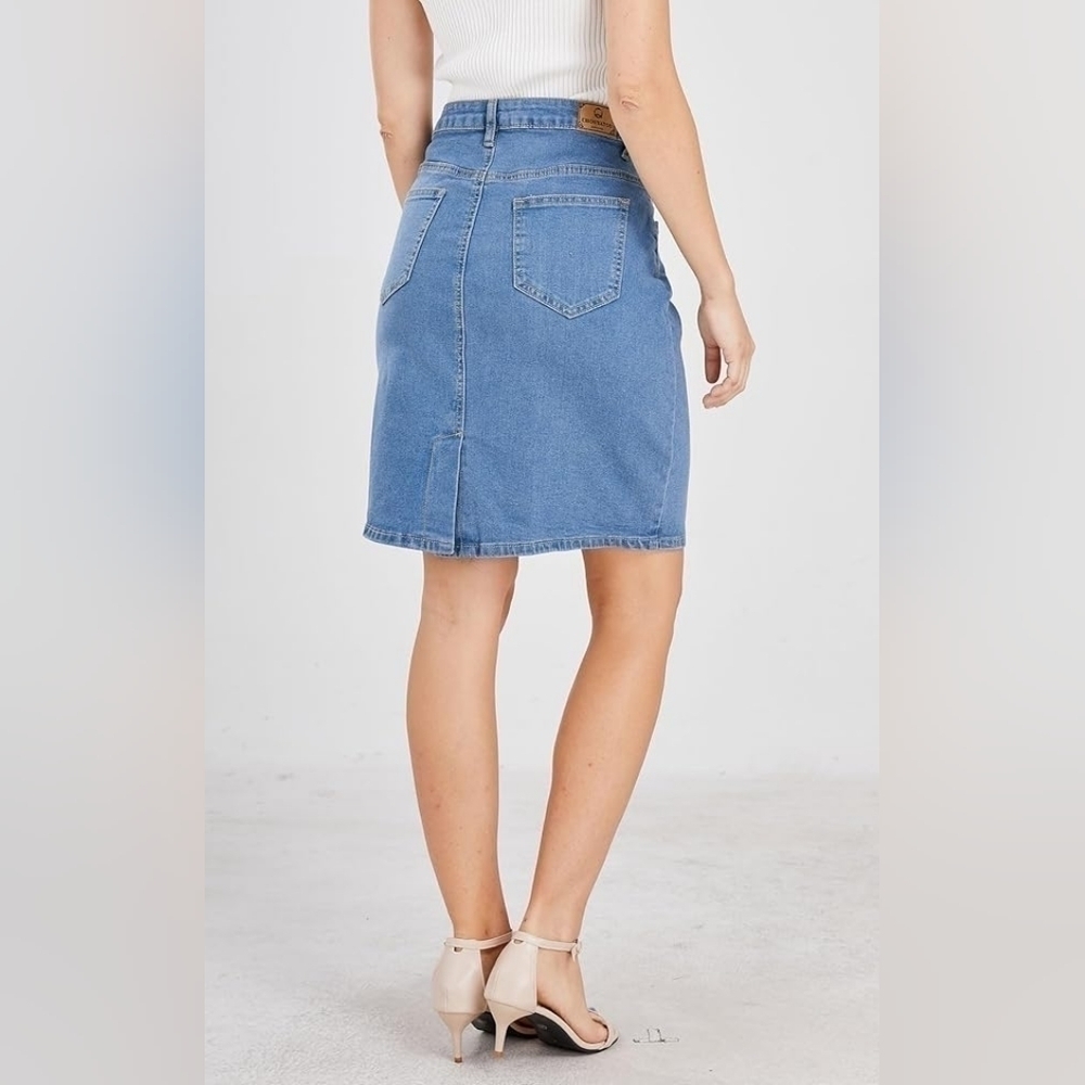 ChouYatou Basic Five-Pocket Rugged Wear Denim Pencil Skirt with Slit - Picture 2 of 7